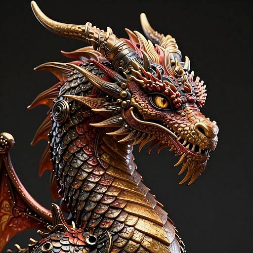 Detailed CGI dragon head with intricate gold and red scales, sharp horns, and fierce yellow eyes against a dark background.