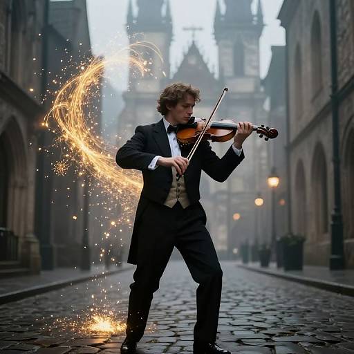 Photograph of a young man in a black suit playing violin on a cobblestone street, with sparks flying dramatically from his instrument.