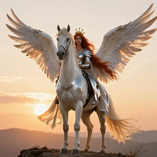 Photograph-style digital artwork of a winged, armored woman with long red hair riding a white horse with large wings at sunset.