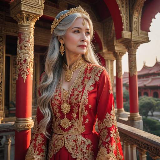 Elegant Woman in Red and Gold Traditional Dress