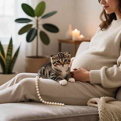 Cozy Tabby Kitten with Pregnant Woman