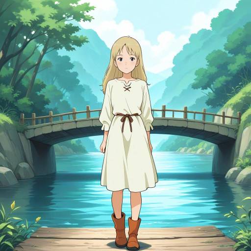 Blonde Adventurer Crossing a Tranquil Bridge