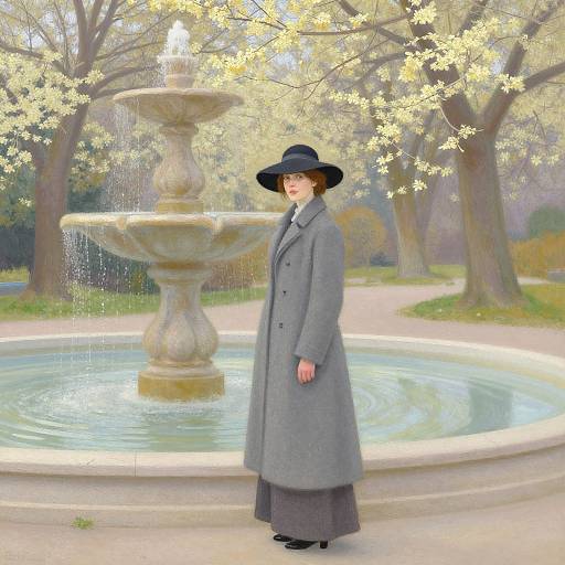 Digital painting of a Victorian-style woman in a gray coat and black hat, standing by a lush, sunlit fountain in a park.