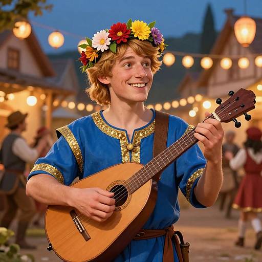 Photograph of a smiling young man with a flower crown, blue medieval tunic, and brown leather strap, playing an acoustic guitar outdoors at a festive