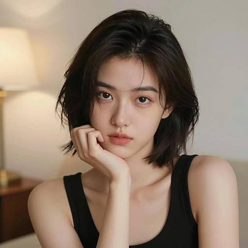 Young Woman with Short Hair in Black Tank Top