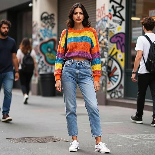 Photograph of a young woman with curly dark hair, wearing a colorful rainbow sweater, high-waisted blue jeans, and white sneakers, walking on
