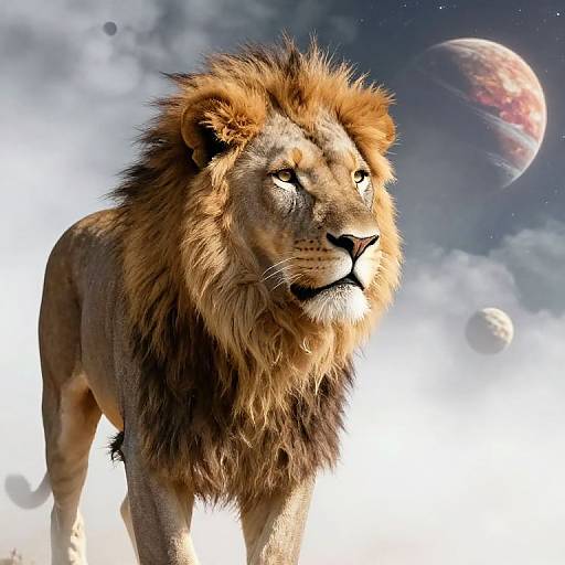 Photorealistic digital artwork of a majestic lion with a full, golden mane standing in a cloudy, cosmic background with two planets.