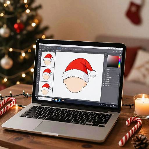 Photograph of a silver laptop on wooden table, displaying digital Santa hat illustrations, surrounded by candles, candy canes, and a blurred Christmas tree with