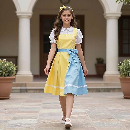 Photograph of a smiling young girl with long brown hair, wearing a yellow and blue pinafore dress, white blouse, and yellow bow, standing