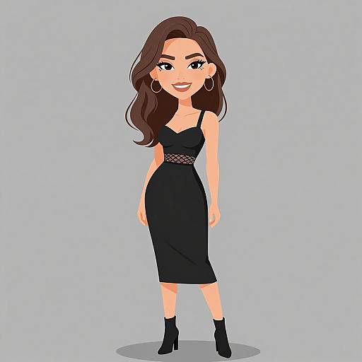 Digital cartoon of a smiling woman with long brown hair, wearing a black lace-trimmed dress, hoop earrings, and black ankle boots.