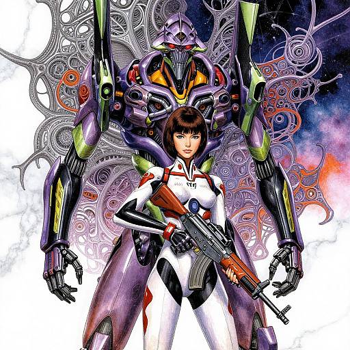 Digital artwork of a fierce, brown-haired woman in a white and black bodysuit holding a gun, flanked by a towering, futuristic robot with