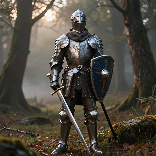 Medieval Knight in Misty Forest