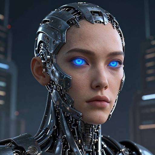 CGI image of a cybernetic woman with glowing blue eyes, metallic head, and neck, set against a dark, futuristic background.
