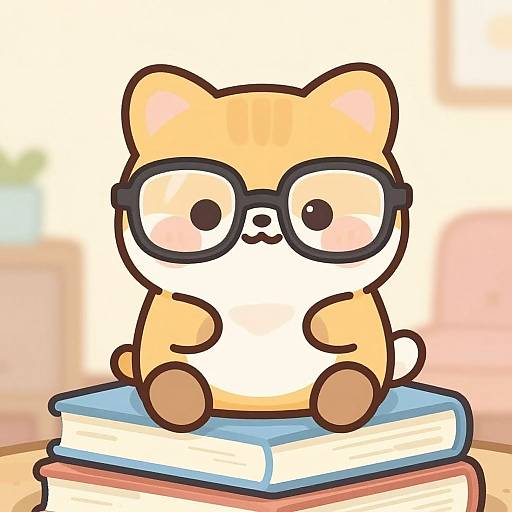 Cute digital drawing of a chubby, orange-and-white bear with large black glasses sitting on a stack of books. Blurred, soft background. Ch