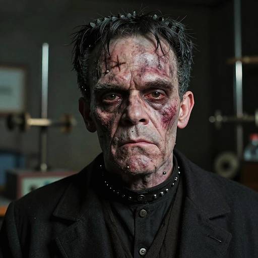 Photograph of a battered, bloodied middle-aged man with disheveled black hair, wearing a black shirt and jacket, in a dimly lit