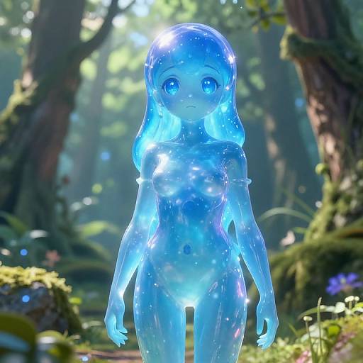Digital artwork of a glowing, blue, translucent anime girl with large eyes, standing in a sunlit, enchanted forest. Her ethereal form shines with