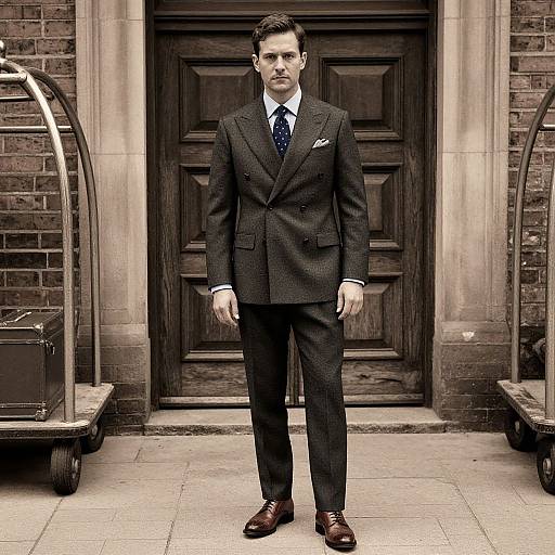 Photograph of a serious, well-groomed man in a dark, pinstriped suit, white shirt, and blue tie, standing in