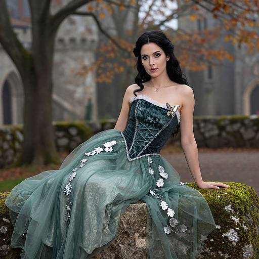Photograph of a dark-haired woman in a teal, strapless, floral-embellished ball gown, sitting on a mossy stone, in