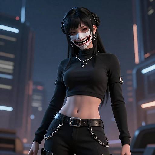 K-pop Style Girl with Bloody Mask in Sci-Fi City