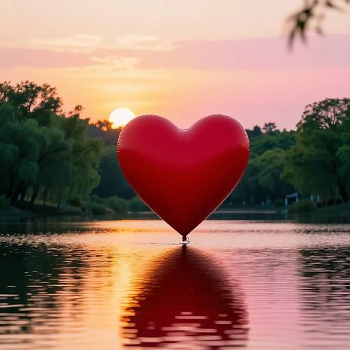 Photograph of a red, heart-shaped balloon floating on a calm lake at sunset, with a colorful sky and silhouetted trees.