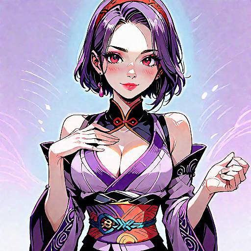 Blushing Purple-Haired Kimono Girl with Thighhighs