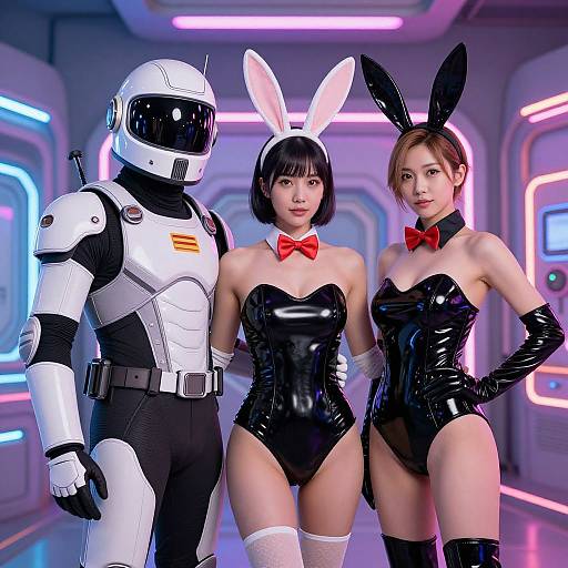 Photorealistic CGI image of a white armored astronaut flanked by two Asian women in black latex bunny suits with bunny ears, red bows, and white