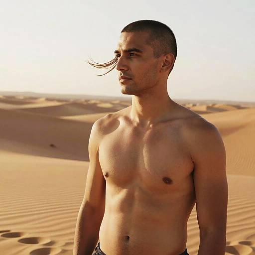 Photograph of a shirtless, muscular young man with short dark hair and wind-swept hair, standing in a sunlit desert with rippled