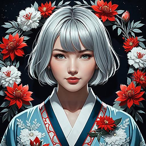 Serene Platinum Bob in Floral Kimono
