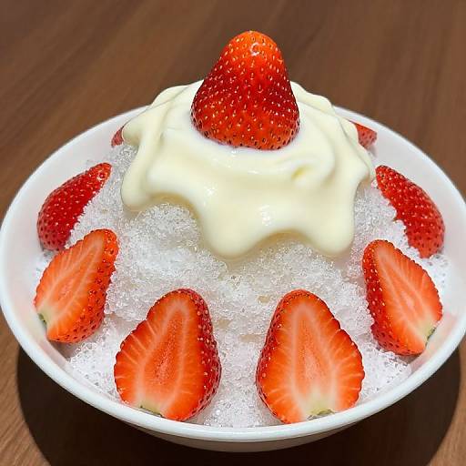 Photograph of a white plate with a dollop of cream topped by a whole strawberry, surrounded by eight sliced strawberries on a bed of sugar. Dark