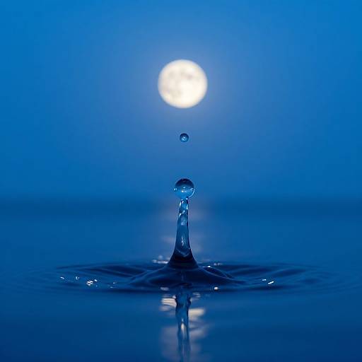 Photograph of a water droplet splashing upwards against a vivid blue gradient background with a bright white sun at the center.