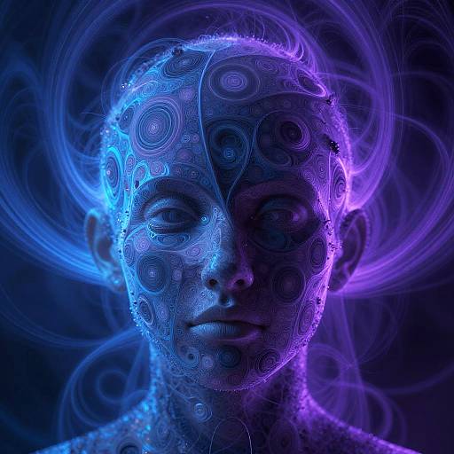 Digital art of a blue and purple neon-lit, faceless humanoid with intricate swirl patterns, glowing eyes, and ethereal, circular background lights.