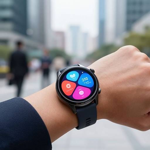 Photograph of a person's right arm wearing a black smartwatch with colorful app icons (red, blue, pink, blue) in a blurred urban