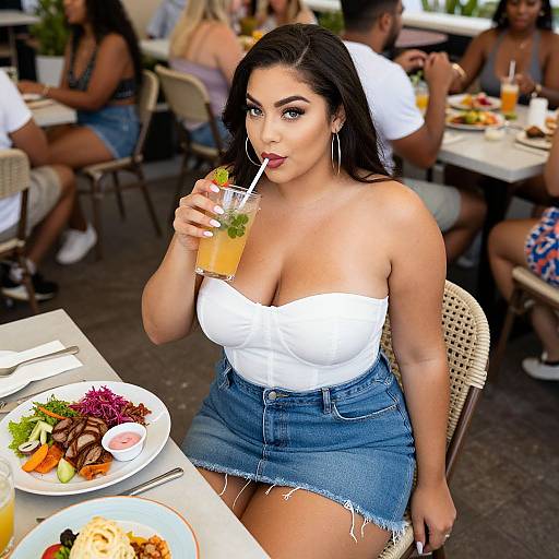 Photograph of a curvy Latina woman with black hair, wearing a white strapless top and frayed denim skirt, sipping a drink at an