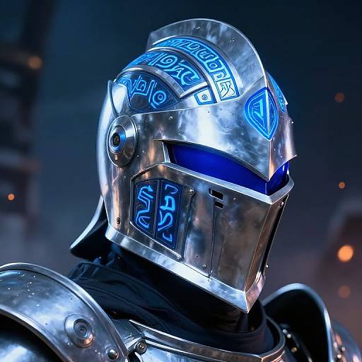 Photorealistic CGI of a futuristic, silver, blue-accented helmet with glowing runes, reflecting a dark, blurry sci-fi background.