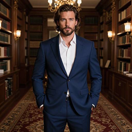 Photograph of a handsome, bearded man with wavy brown hair in a navy suit and white shirt, standing in a dimly lit, luxurious