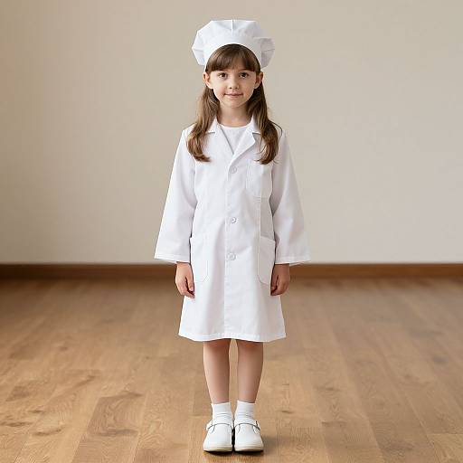 Photograph of a young girl with long brown hair, wearing a white chef's hat and dress, white shoes, standing on wooden floor against a plain