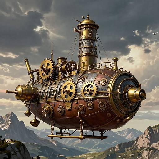 Steampunk Airship Over Mountain Landscape