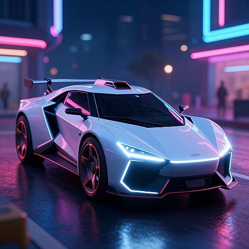 Neon-lit, futuristic white sports car with glowing blue headlights and pink accents, parked on a wet city street at night.