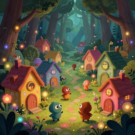 Whimsical forest scene with colorful, glowing fairy houses, enchanted forest creatures, glowing fireflies, and vibrant greenery in a dreamy, nighttime