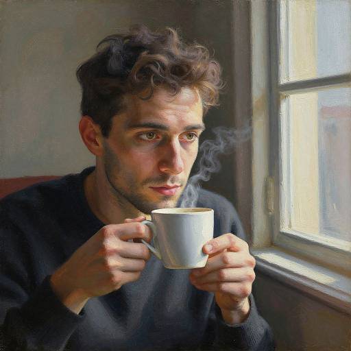 Photorealistic painting of a curly-haired man with light skin, wearing a black sweater, holding a steaming white mug near a sunlit window.