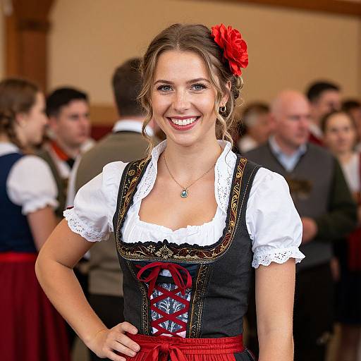 Photograph of a smiling young woman with light brown hair, wearing a traditional Bavarian dirndl, red flower hairpin, white lace blouse, black
