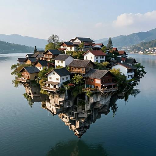Photograph of a picturesque floating island with quaint, wooden houses and lush greenery, reflected perfectly in a calm, blue lake, surrounded by distant mountains
