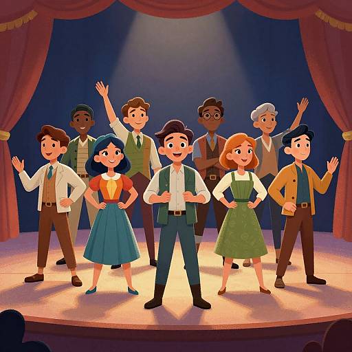 Cartoon-style illustration of diverse children's theater group standing on stage with red curtains, raising hands, wearing period clothes, under spotlight.