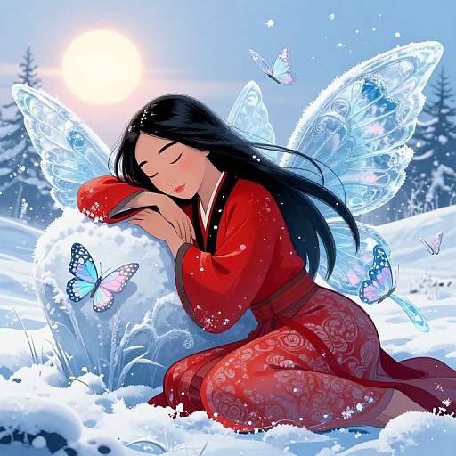 Digital illustration of a sleeping Asian woman in a red kimono with glowing butterfly wings, surrounded by snow and butterflies, under a bright sun.