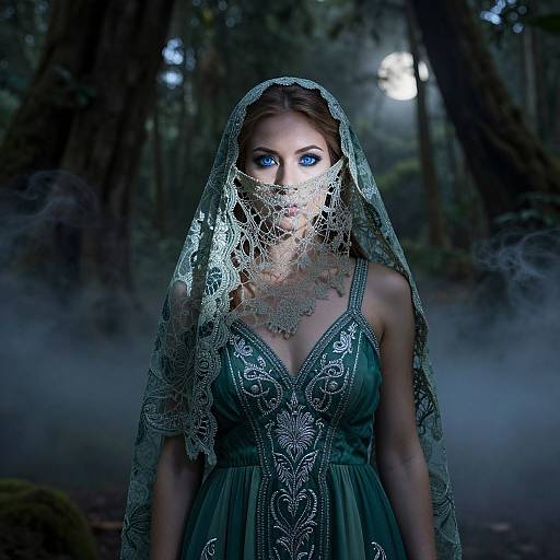 Photograph of a fair-skinned woman with blue eyes, wearing a detailed, lace veil and green dress, standing in a dark, misty forest
