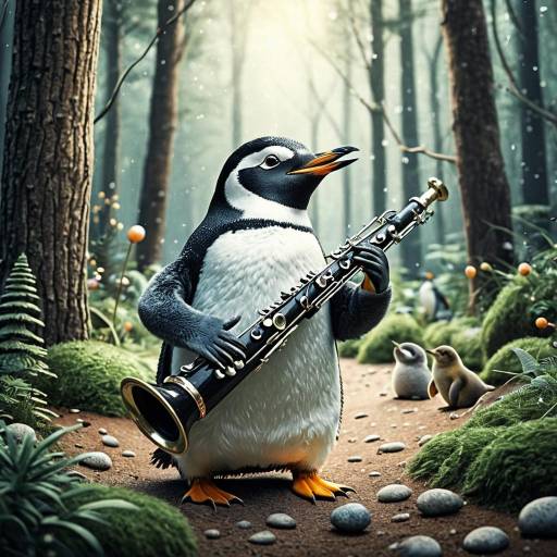 Penguin Playing Clarinet in Enchanted Forest