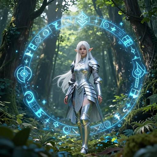 Digital fantasy artwork of an elven woman with white hair, pointed ears, and silver armor, standing in a forest, surrounded by a glowing blue magical