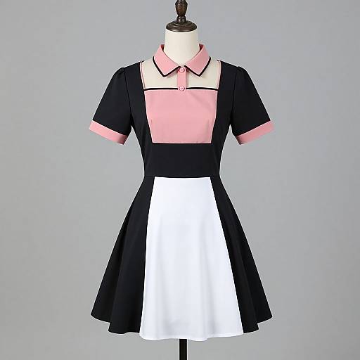 Photograph of a vintage-style dress on a mannequin, featuring a pink collared top, black bodice, white apron, and black