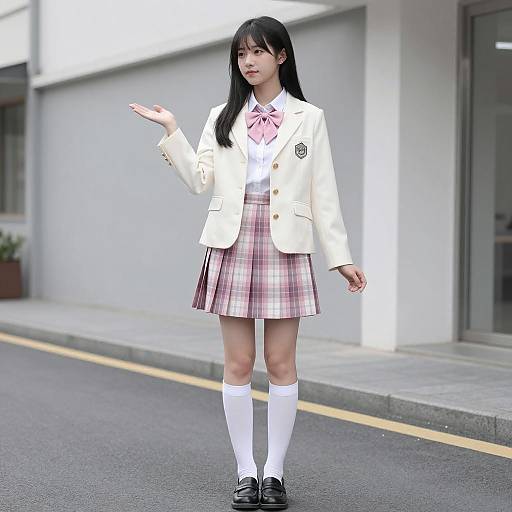 Asian Student in School Uniform Standing Outdoors