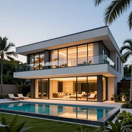 Modern two-story house with illuminated glass windows, pool in the foreground, palm trees, and a twilight sky. Contemporary architecture.